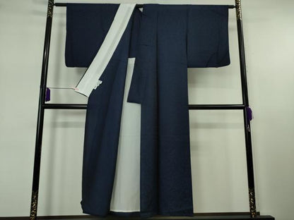 平和屋着物▽極上　BANKANわものや　お召・長襦袢(無双仕立て)セット　単衣　花唐草地紋　鉄紺色　逸品　DZAB7665kh6