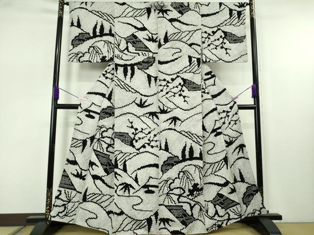 平和屋本店●極上　本疋田絞り　小紋　風景山文　白×黒　逸品　DZAB7671kh6