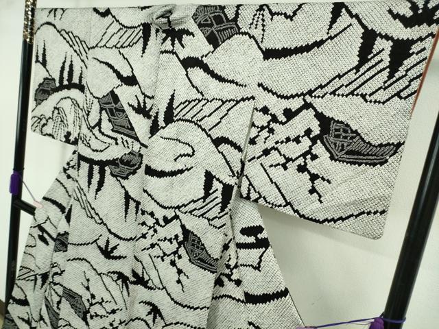 平和屋本店●極上　本疋田絞り　小紋　風景山文　白×黒　逸品　DZAB7671kh6