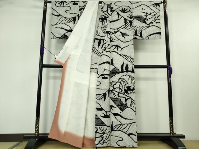 平和屋本店●極上　本疋田絞り　小紋　風景山文　白×黒　逸品　DZAB7671kh6