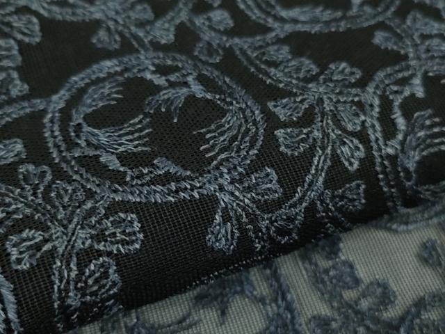 平和屋着物∞極上　道行コート　スリーシーズン　春夏秋　塵除け　ロング丈　紗　刺繍　花丸唐草文　濃紺地　逸品　DZAB7672kh6