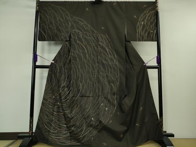平和屋本店●極上　本場大島紬　訪問着　総刺繍　刺し子　乱菊　黒紅色地　逸品　DZAB7677kh6