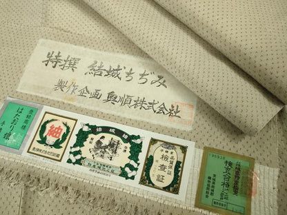 平和屋本店●極上　結城ちぢみ　はたおり娘　奥順謹製　手緒里　白橡色地　証紙付き　逸品　未使用　DZAB7678kh6