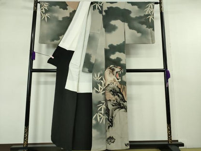 平和屋本店●極上　アンティーク　大正ロマン　訪問着　手描き　虎　トラ　暈し染め　鬼しぼ縮緬　逸品　DZAB7681kh6