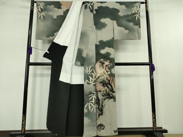 平和屋本店●極上　アンティーク　大正ロマン　訪問着　手描き　虎　トラ　暈し染め　鬼しぼ縮緬　逸品　DZAB7681kh6