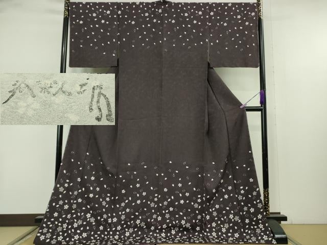 平和屋本店●極上　洛楽人工房　訪問着　桜散らし　紅消鼠色地　ロング丈　反端付き　逸品　未使用　DZAB7685kh6