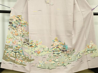 平和屋本店●極上　染刺工芸　大羊居　東京友禅　訪問着　刺繍　風景文　灰桜色地　金銀糸　逸品　DZAB7712kh6