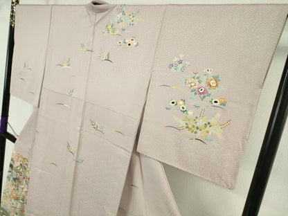 平和屋本店●極上　染刺工芸　大羊居　東京友禅　訪問着　刺繍　風景文　灰桜色地　金銀糸　逸品　DZAB7712kh6
