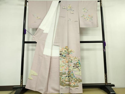 平和屋本店●極上　染刺工芸　大羊居　東京友禅　訪問着　刺繍　風景文　灰桜色地　金銀糸　逸品　DZAB7712kh6