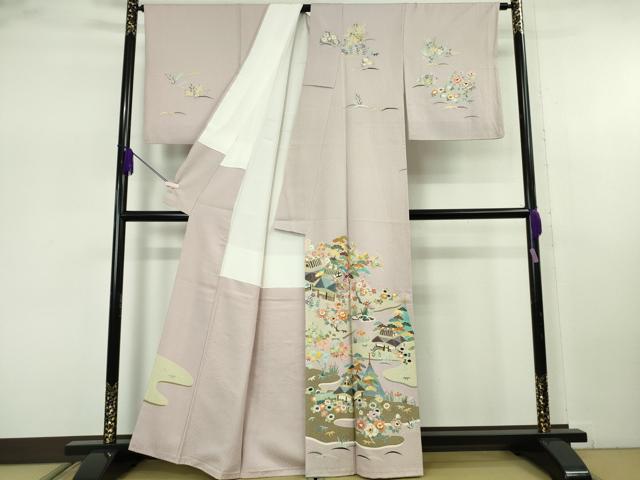 平和屋本店●極上　染刺工芸　大羊居　東京友禅　訪問着　刺繍　風景文　灰桜色地　金銀糸　逸品　DZAB7712kh6