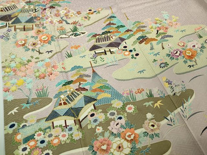 平和屋本店●極上　染刺工芸　大羊居　東京友禅　訪問着　刺繍　風景文　灰桜色地　金銀糸　逸品　DZAB7712kh6