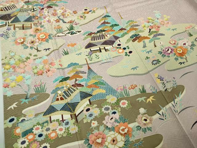 平和屋本店●極上　染刺工芸　大羊居　東京友禅　訪問着　刺繍　風景文　灰桜色地　金銀糸　逸品　DZAB7712kh6