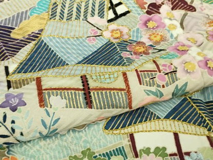 平和屋本店●極上　染刺工芸　大羊居　東京友禅　訪問着　刺繍　風景文　灰桜色地　金銀糸　逸品　DZAB7712kh6