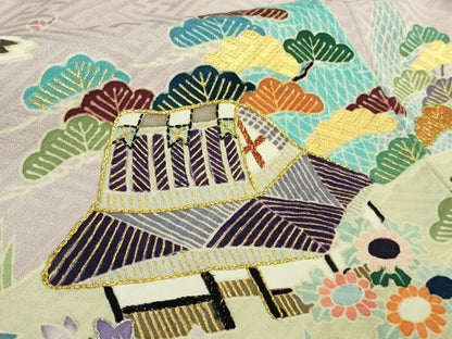 平和屋本店●極上　染刺工芸　大羊居　東京友禅　訪問着　刺繍　風景文　灰桜色地　金銀糸　逸品　DZAB7712kh6