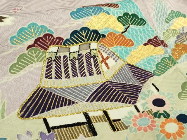 平和屋本店●極上　染刺工芸　大羊居　東京友禅　訪問着　刺繍　風景文　灰桜色地　金銀糸　逸品　DZAB7712kh6