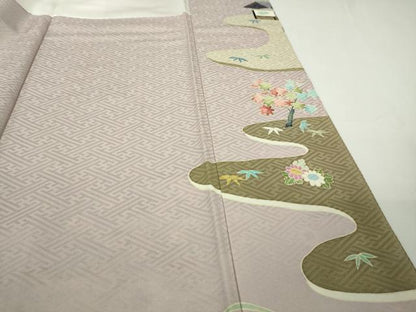 平和屋本店●極上　染刺工芸　大羊居　東京友禅　訪問着　刺繍　風景文　灰桜色地　金銀糸　逸品　DZAB7712kh6