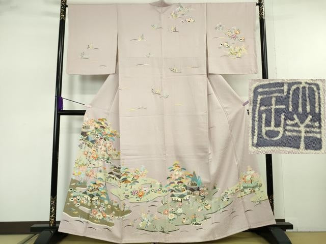平和屋本店●極上　染刺工芸　大羊居　東京友禅　訪問着　刺繍　風景文　灰桜色地　金銀糸　逸品　DZAB7712kh6