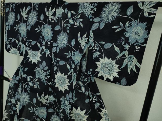平和屋着物∴極上　撫松庵　浴衣　綿　綿絽　縦絽　洋花文　紺地　逸品　DZAB7716kh6