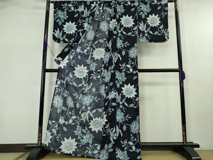 平和屋着物∴極上　撫松庵　浴衣　綿　綿絽　縦絽　洋花文　紺地　逸品　DZAB7716kh6