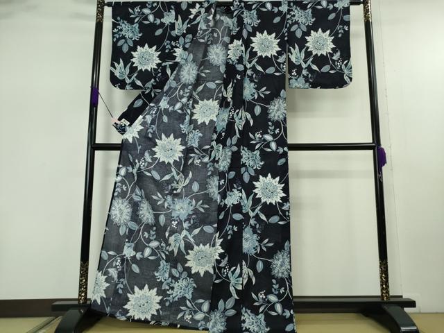 平和屋着物∴極上　撫松庵　浴衣　綿　綿絽　縦絽　洋花文　紺地　逸品　DZAB7716kh6