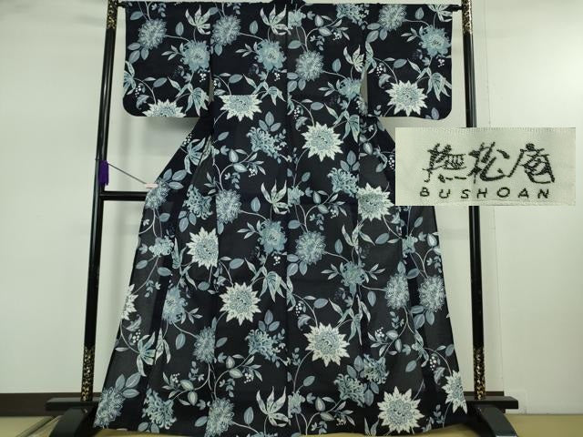 平和屋着物∴極上　撫松庵　浴衣　綿　綿絽　縦絽　洋花文　紺地　逸品　DZAB7716kh6