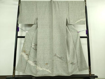 平和屋本店●極上 男性 創業200年・7代目永治屋清左衛門 訪問着 背抜き仕立て お召地 キングサイズ 灰汁色地 金糸 逸品 未使用 DZAB7717kh6