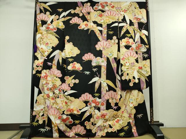 平和屋着物●極上　振袖　駒刺繍　松竹吉祥花文　黒地　金彩　逸品　DZAB7719kh6
