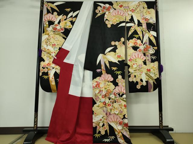 平和屋着物●極上　振袖　駒刺繍　松竹吉祥花文　黒地　金彩　逸品　DZAB7719kh6