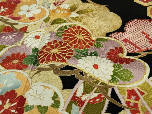 平和屋着物●極上　振袖　駒刺繍　松竹吉祥花文　黒地　金彩　逸品　DZAB7719kh6
