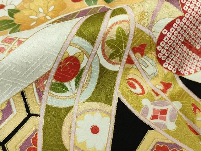 平和屋着物●極上　振袖　駒刺繍　松竹吉祥花文　黒地　金彩　逸品　DZAB7719kh6