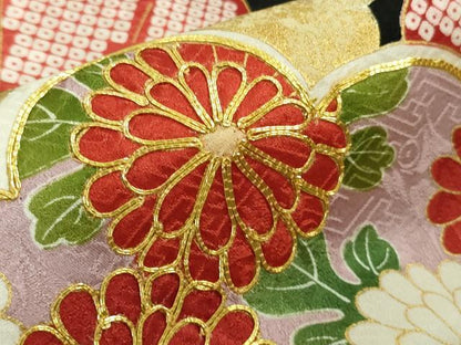 平和屋着物●極上　振袖　駒刺繍　松竹吉祥花文　黒地　金彩　逸品　DZAB7719kh6