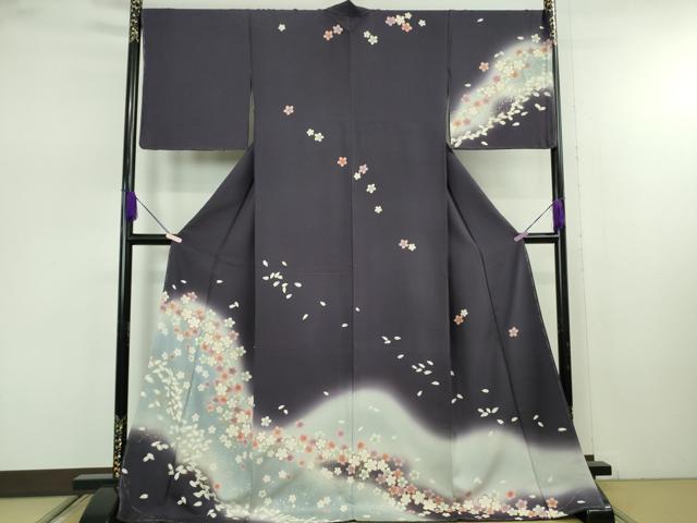 平和屋着物●極上　訪問着　舞桜　深紫色地　暈し染め　金彩　ロング丈　逸品　未使用　DZAB7729kh6