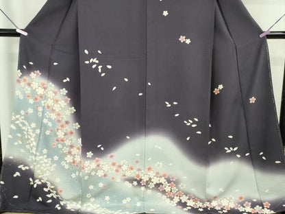 平和屋着物●極上　訪問着　舞桜　深紫色地　暈し染め　金彩　ロング丈　逸品　未使用　DZAB7729kh6