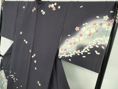 平和屋着物●極上　訪問着　舞桜　深紫色地　暈し染め　金彩　ロング丈　逸品　未使用　DZAB7729kh6