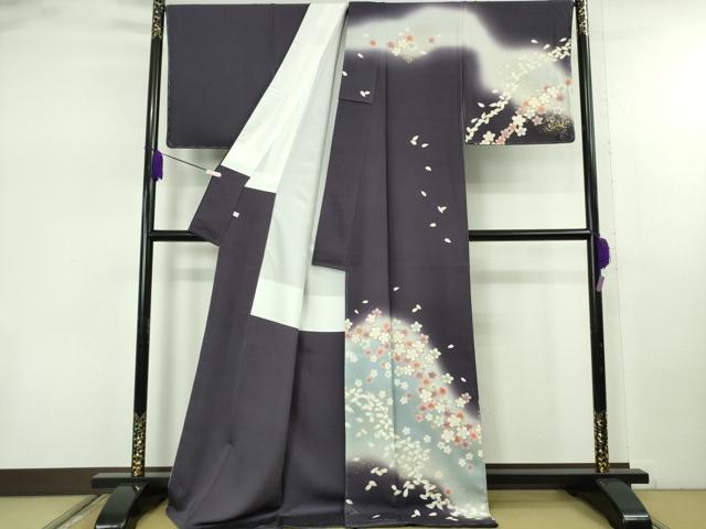 平和屋着物●極上　訪問着　舞桜　深紫色地　暈し染め　金彩　ロング丈　逸品　未使用　DZAB7729kh6