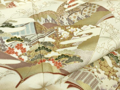 平和屋本店●極上　銀座きしや　訪問着　駒刺繍　冊子花文　枯色地　暈し染め　金彩　たとう紙付き　逸品　DZAB7730kh6