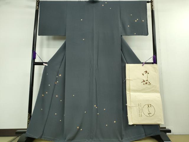 平和屋着物●極上　銀座きしや　訪問着　駒刺繍　花色紙散らし　青褐色地　金彩　縮緬地　たとう紙付き　逸品　未使用　DZAB7731kh6