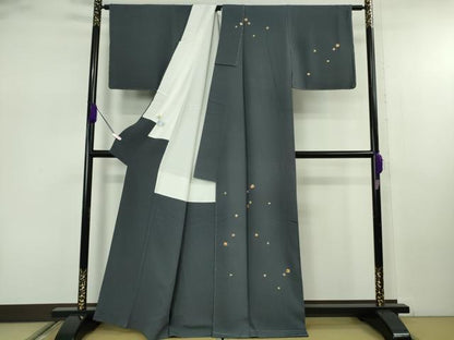 平和屋着物●極上　銀座きしや　訪問着　駒刺繍　花色紙散らし　青褐色地　金彩　縮緬地　たとう紙付き　逸品　未使用　DZAB7731kh6