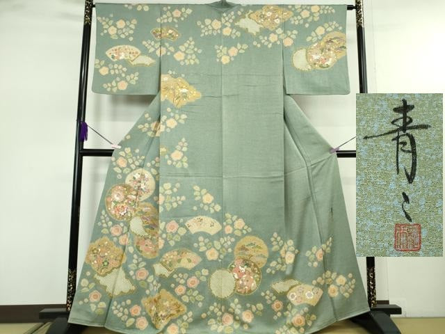 平和屋着物●極上　京友禅の第一人者　松井青々　訪問着　駒刺繍　地紙花文　金彩　逸品　DZAB7732kh6