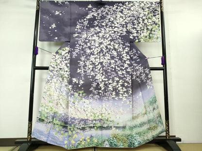 平和屋本店●極上　訪問着　枝垂れ桜　富士山　風景　暈し染め　銀通し地　逸品　未使用　DZAB7743kh6