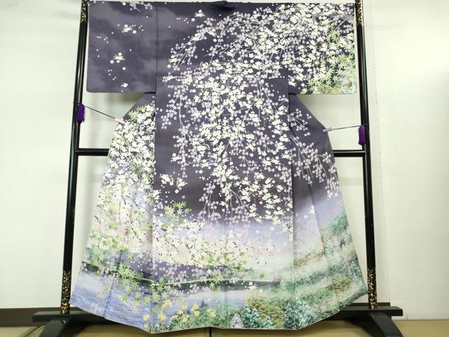 平和屋本店●極上　訪問着　枝垂れ桜　富士山　風景　暈し染め　銀通し地　逸品　未使用　DZAB7743kh6