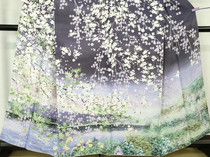 平和屋本店●極上　訪問着　枝垂れ桜　富士山　風景　暈し染め　銀通し地　逸品　未使用　DZAB7743kh6