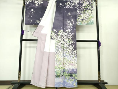 平和屋本店●極上　訪問着　枝垂れ桜　富士山　風景　暈し染め　銀通し地　逸品　未使用　DZAB7743kh6