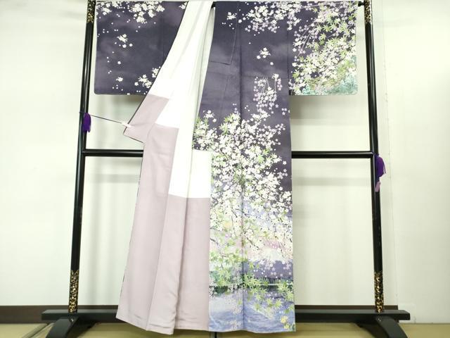 平和屋本店●極上　訪問着　枝垂れ桜　富士山　風景　暈し染め　銀通し地　逸品　未使用　DZAB7743kh6