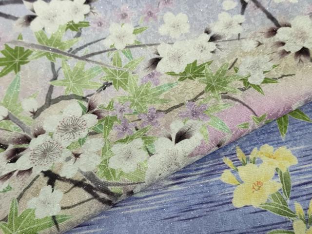 平和屋本店●極上　訪問着　枝垂れ桜　富士山　風景　暈し染め　銀通し地　逸品　未使用　DZAB7743kh6