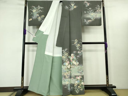 平和屋本店●極上　十日町　加賀草木友禅の第一人者　田村哲彦　訪問着　宝尽くし　草花文　墨色地　暈し染め　逸品　DZAB7745kh6