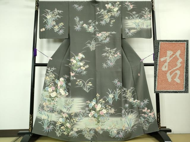 平和屋本店●極上　十日町　加賀草木友禅の第一人者　田村哲彦　訪問着　宝尽くし　草花文　墨色地　暈し染め　逸品　DZAB7745kh6
