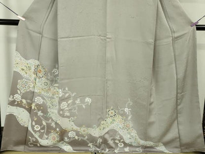 平和屋着物●極上　訪問着　駒刺繍　花唐草文　利休白茶色地　金彩　逸品　未使用　DZAB7746kh6