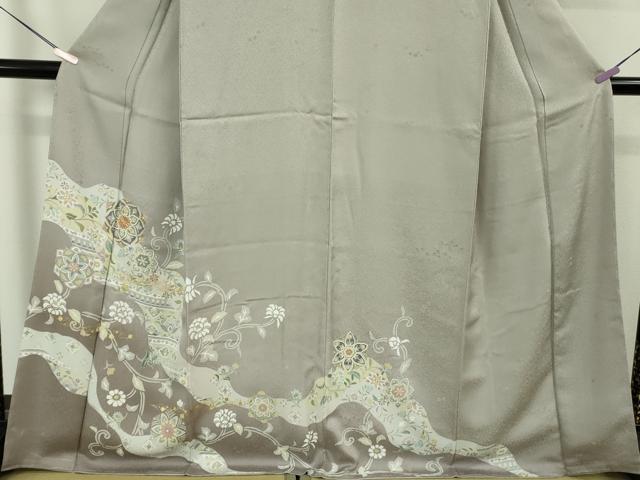 平和屋着物●極上　訪問着　駒刺繍　花唐草文　利休白茶色地　金彩　逸品　未使用　DZAB7746kh6