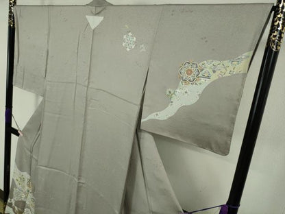 平和屋着物●極上　訪問着　駒刺繍　花唐草文　利休白茶色地　金彩　逸品　未使用　DZAB7746kh6
